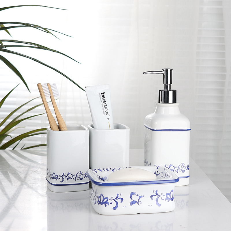 4-Piece Blue and White Porcelain Design Ceramic Bathroom Full Sets