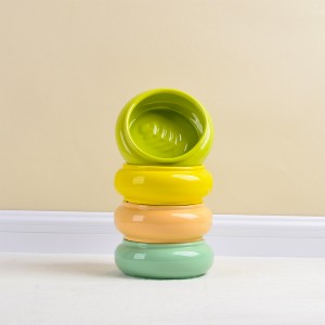 ODM Pet Accessories Cut Cylinder Belly Shape Fishbone Embossed Decorations Ceramic Cat Dog Food Bowl