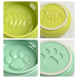 ODM Pet Accessories Cut Cylinder Belly Shape Fishbone Embossed Decorations Ceramic Cat Dog Food Bowl