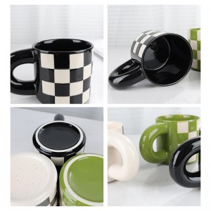 Factory Handmade Personalized Ceramic Coffee Grid Pattern Mug for Gift