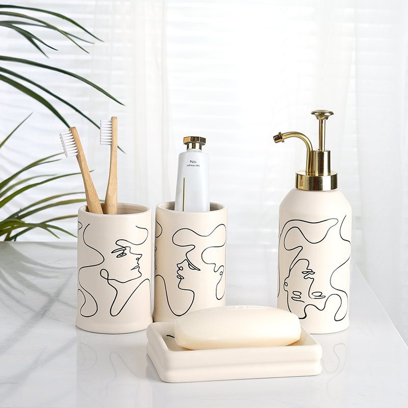 ODM Simple Lines Human Faces Ceramic Modern Bathroom Accessories Set