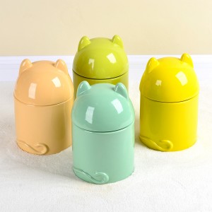 Cylinder Two Adorable Pet Ears Design Ceramic Airtight Jar Pet Food Storage Container with Lid