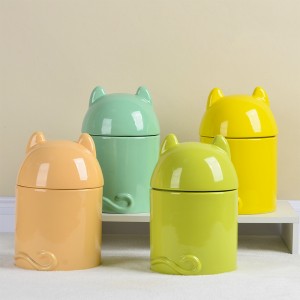 Cylinder Two Adorable Pet Ears Design Ceramic Airtight Jar Pet Food Storage Container with Lid