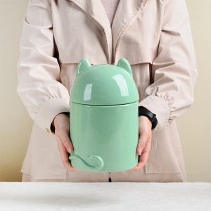 Cylinder Two Adorable Pet Ears Design Ceramic Airtight Jar Pet Food Storage Container with Lid