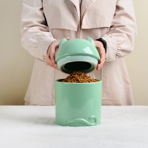 Cylinder Two Adorable Pet Ears Design Ceramic Airtight Jar Pet Food Storage Container with Lid