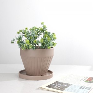 ODM Indoor Table Wide-Mouth Design Ceramic Wide-Mouth Striped Planter with Tray