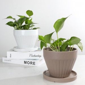 ODM Indoor Table Wide-Mouth Design Ceramic Wide-Mouth Striped Planter with Tray