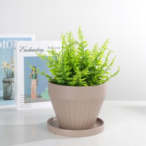 ODM Indoor Table Wide-Mouth Design Ceramic Wide-Mouth Striped Planter with Tray