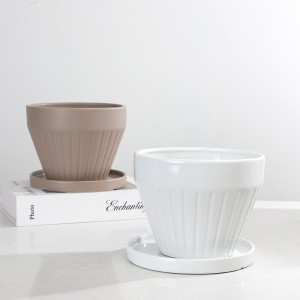 ODM Indoor Table Wide-Mouth Design Ceramic Wide-Mouth Striped Planter with Tray