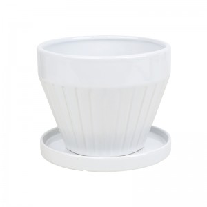 ODM Indoor Table Wide-Mouth Design Ceramic Wide-Mouth Striped Planter with Tray