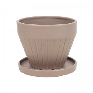 ODM Indoor Table Wide-Mouth Design Ceramic Wide-Mouth Striped Planter with Tray