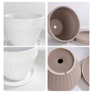 ODM Indoor Table Wide-Mouth Design Ceramic Wide-Mouth Striped Planter with Tray
