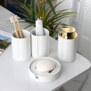 Factory Supplier Hotel Washroom White 4-Piece Soap Dispenser Soap Dish Set Bathroom Ceramic