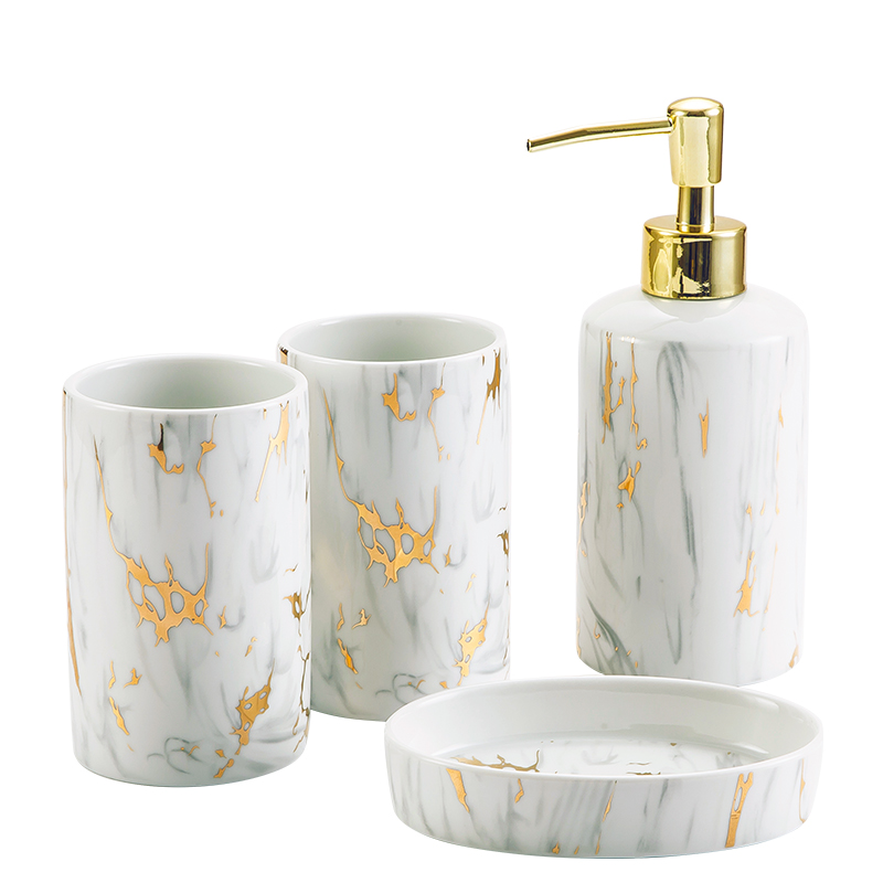 One of Hottest for Complete Bathroom Sets - Gold Marble Decal Hotel Ceramic 4 Pcs Europe Simple Bathroom Accessories Set – Yongsheng