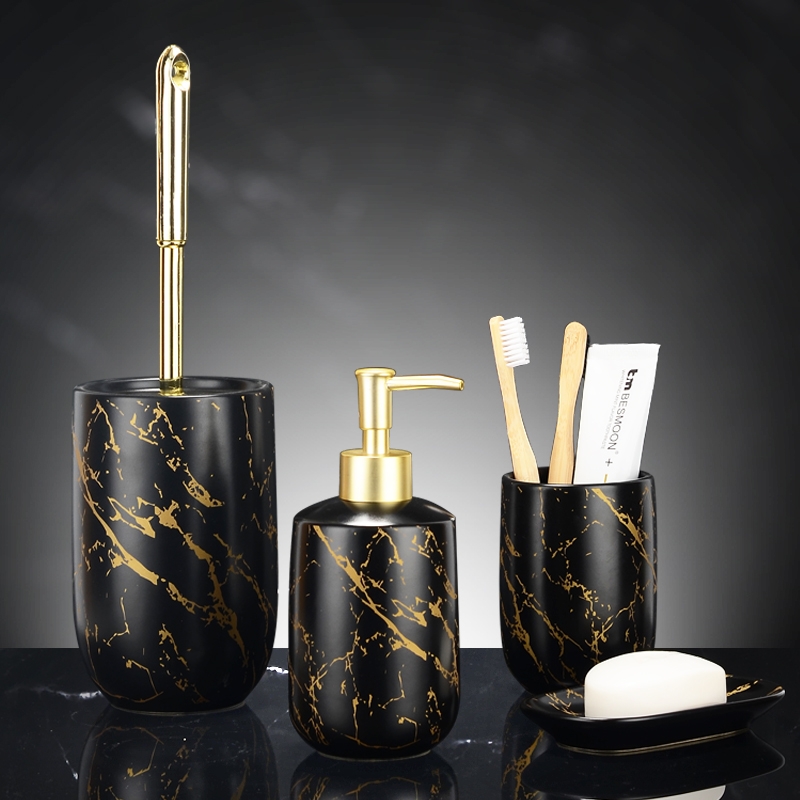 Wholesale Bath Decor Black Glazed Gold Decal Ceramic Bathroom Luxury Set-1