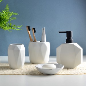 Custom Modern Ceramic Bathroom Geometric White Toothbrush Holder Soap Dispenser Set