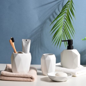 Custom Modern Ceramic Bathroom Geometric White Toothbrush Holder Soap Dispenser Set