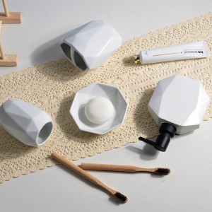 Custom Modern Ceramic Bathroom Geometric White Toothbrush Holder Soap Dispenser Set