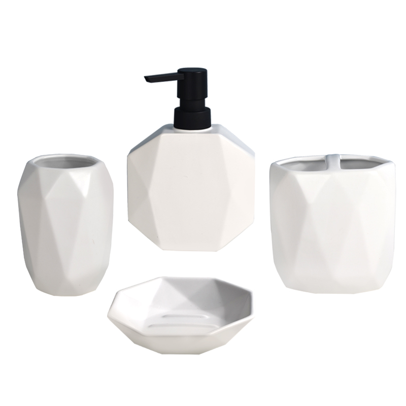 Custom Modern Ceramic Bathroom Geometric White Toothbrush Holder Soap Dispenser Set-1