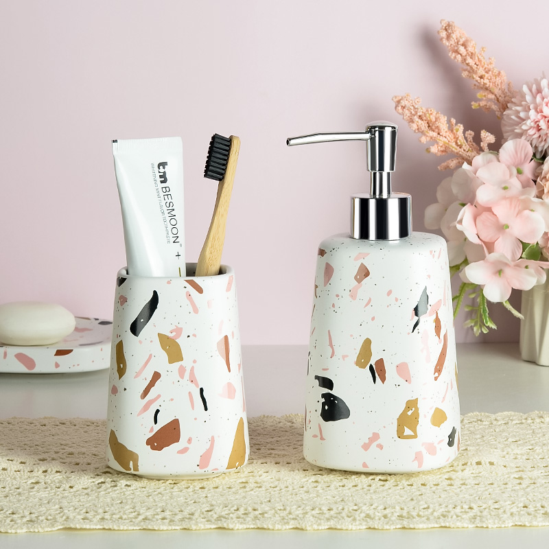 Custom Modern Square Ceramic 4 Piece Bathroom Toilet Brush Holder Toothbrush And Soap Dispenser Set-1