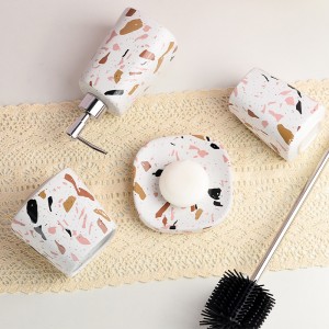 Custom Modern Square Ceramic 4 Piece Bathroom Toilet Brush Holder Toothbrush and Soap Dispenser Set