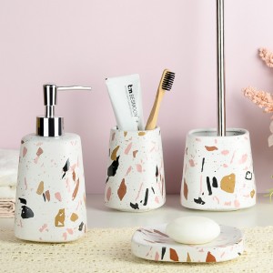 Custom Modern Square Ceramic 4 Piece Bathroom Toilet Brush Holder Toothbrush and Soap Dispenser Set