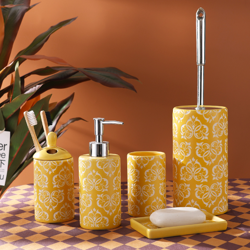 Set of 5 sand blast colorful ceramic bathroom set for hotel-1