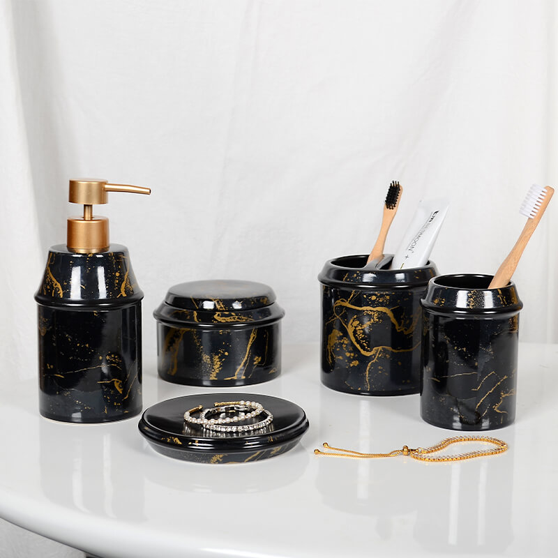 Wholesale hotel White Black Gold Decal Modern Ceramic Accessories 5 pieces Bathroom Products-1