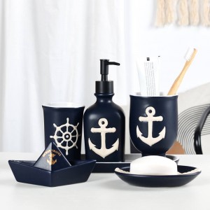 China Supplier Modern Anchor Rope Steering Wheel Design 5-Piece Ceramic Bathroom Soap Dispenser Toothbrush Holder Set