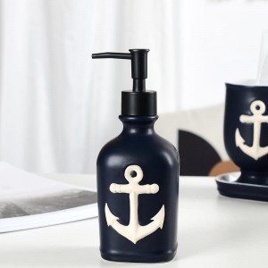 China Supplier Modern Anchor Rope Steering Wheel Design 5-Piece Ceramic Bathroom Soap Dispenser Toothbrush Holder Set