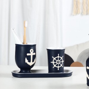 China Supplier Modern Anchor Rope Steering Wheel Design 5-Piece Ceramic Bathroom Soap Dispenser Toothbrush Holder Set