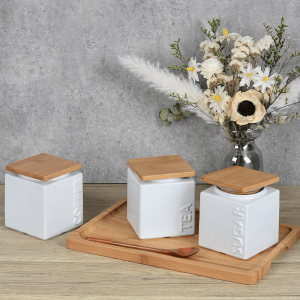 Amazon Top Seller Square Ceramic Set Tea Sugar Coffee Storage Canisters for Kitchen Counter