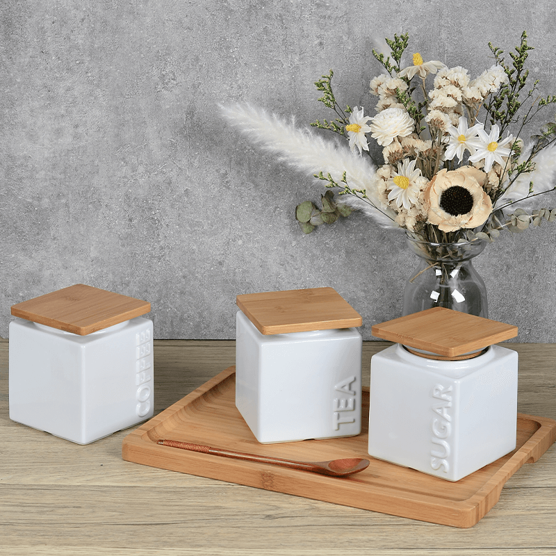 Amazon Top Seller Square Ceramic Set Tea Sugar Coffee Storage Canisters For Kitchen Counter-1