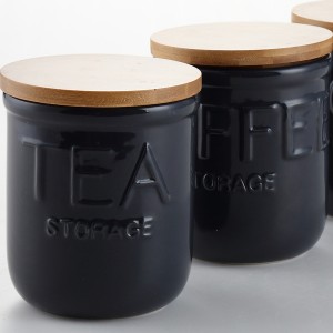 Ceramic Black 3pcs Unique Canister Sets with Wooden Lid