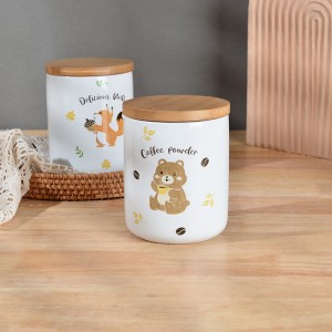 Cute Decal Round Ceramic Tea Sugar Coffee Storage Canister Set Kitchen Decor