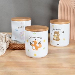 Cute Decal Round Ceramic Tea Sugar Coffee Storage Canister Set Kitchen Decor