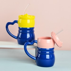 Factory Handmade Personalized Ceramic Heart-Shaped Handle Coffee Mug Stylishly Designed Straw Tumbler
