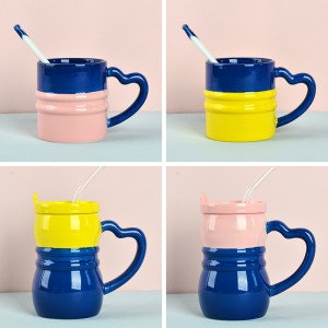 Factory Handmade Personalized Ceramic Heart-Shaped Handle Coffee Mug Stylishly Designed Straw Tumbler