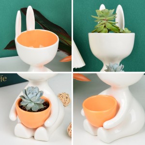 Cute Rabbit White Ceramic Succulent Plant Pot Flower Vase Pots for Home Decoration