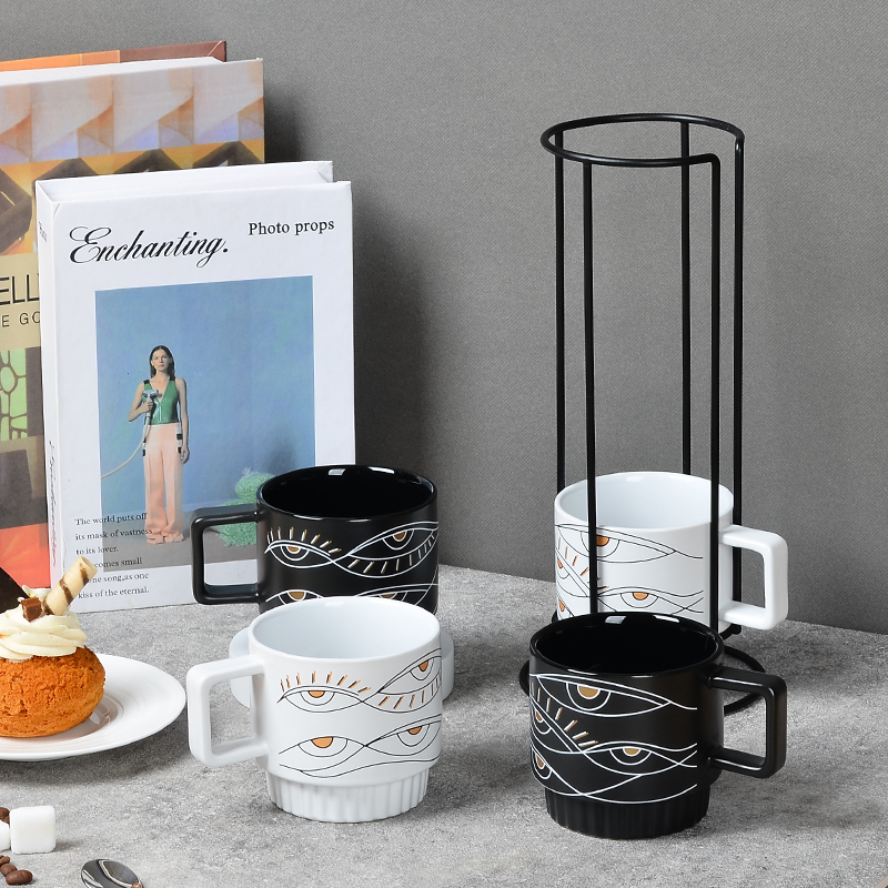 New Eye Design Custom Logo Creative Ceramic Stacking Coffee Mugs Cup Set of 4