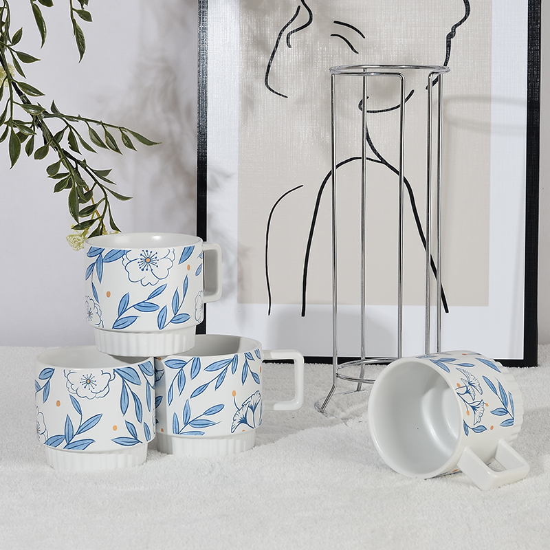 New Custom Logo Flower Design Ceramic Stacking Coffee Mug